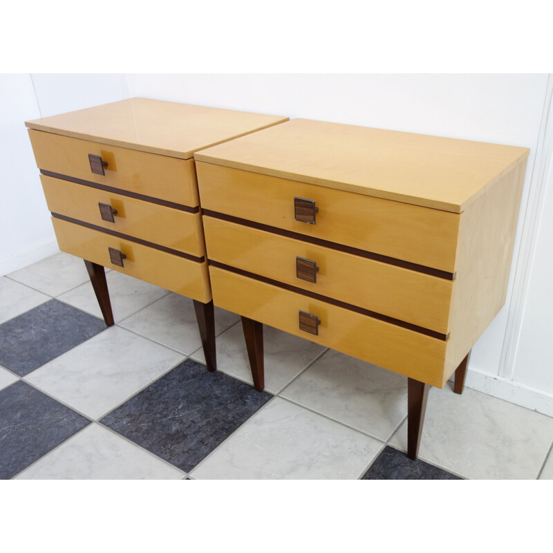 Set of 2 vintage bedside tables in wood and metal 1970