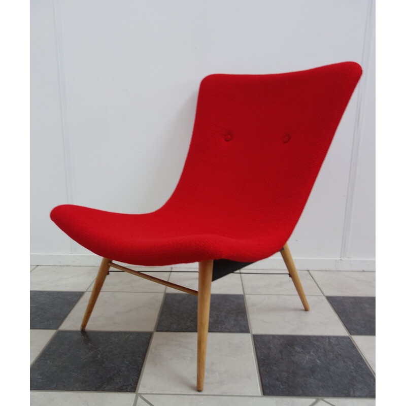 Vintage armchair for Cesky Nabytek in red fabric and fiberglass 1960