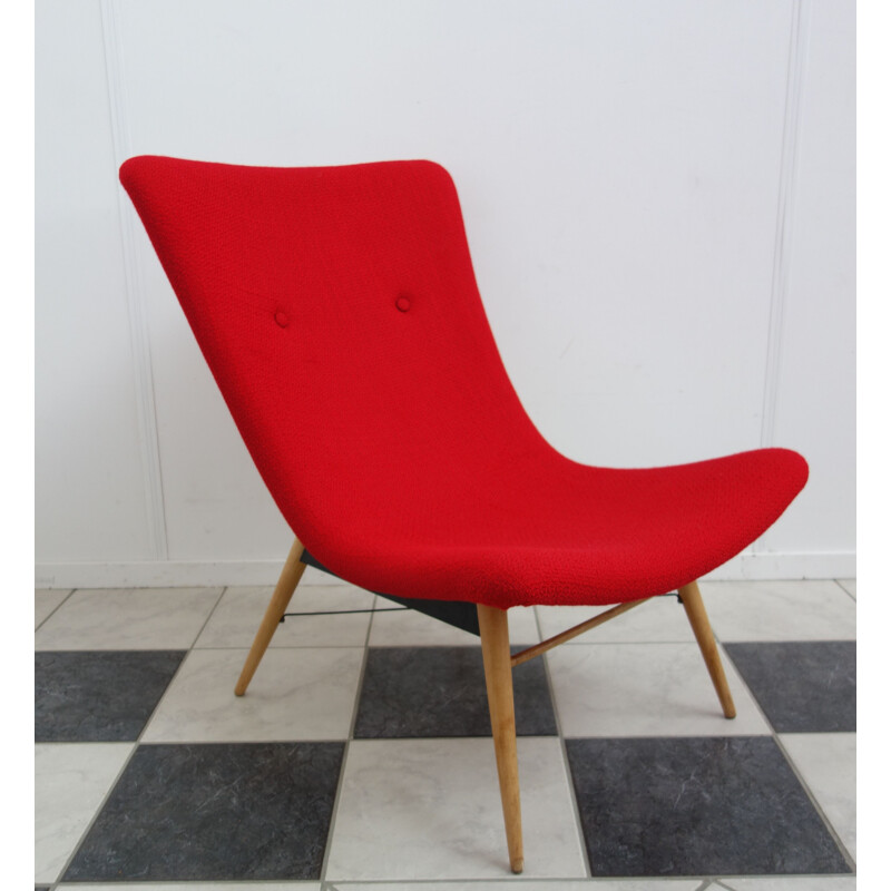 Vintage armchair for Cesky Nabytek in red fabric and fiberglass 1960