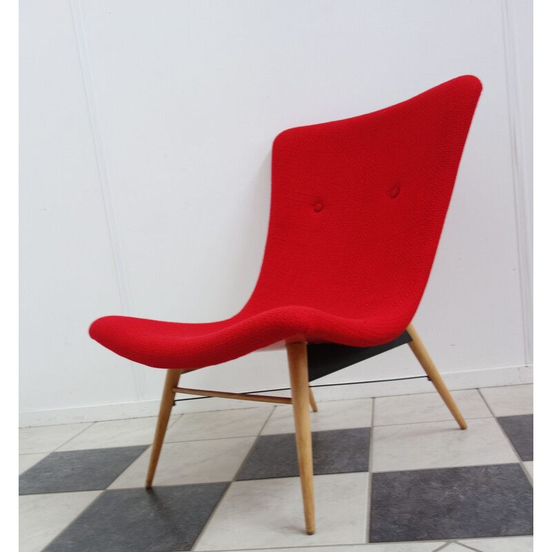 Vintage armchair for Cesky Nabytek in red fabric and fiberglass 1960