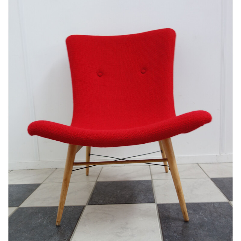 Vintage armchair for Cesky Nabytek in red fabric and fiberglass 1960