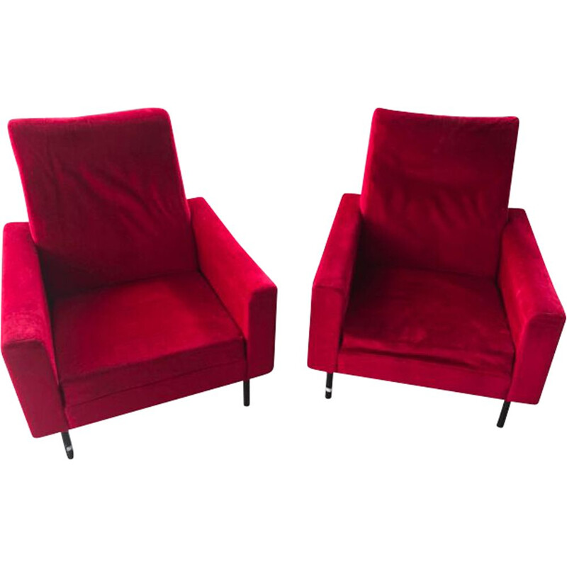 Pair of vintage armchairs for Zol in red fabric and metal 1950
