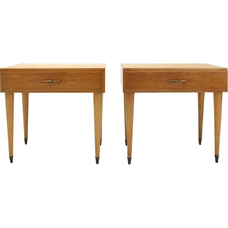 Set of 2 vintage italian night stands in wood and brass 1950