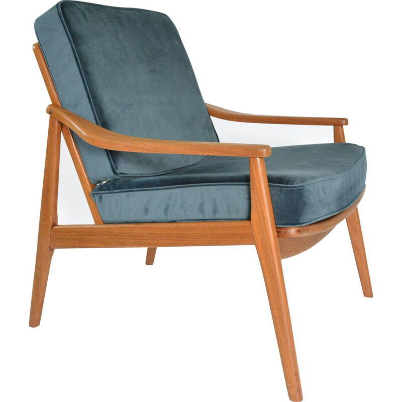 Vintage german armchair in blue velvet and wood 1960