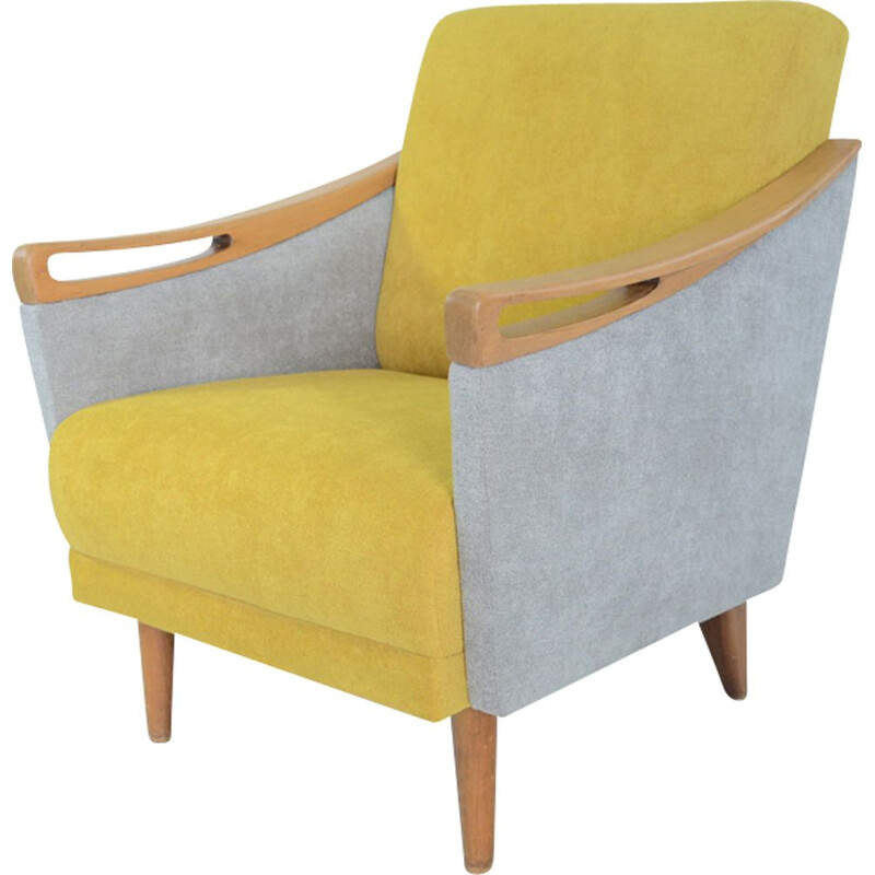 Fauteuil vintage en tissu jaune et gris et en bois 1970