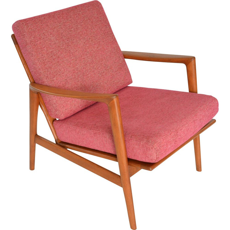 Vintage armchair in coral fabric and wood 1970