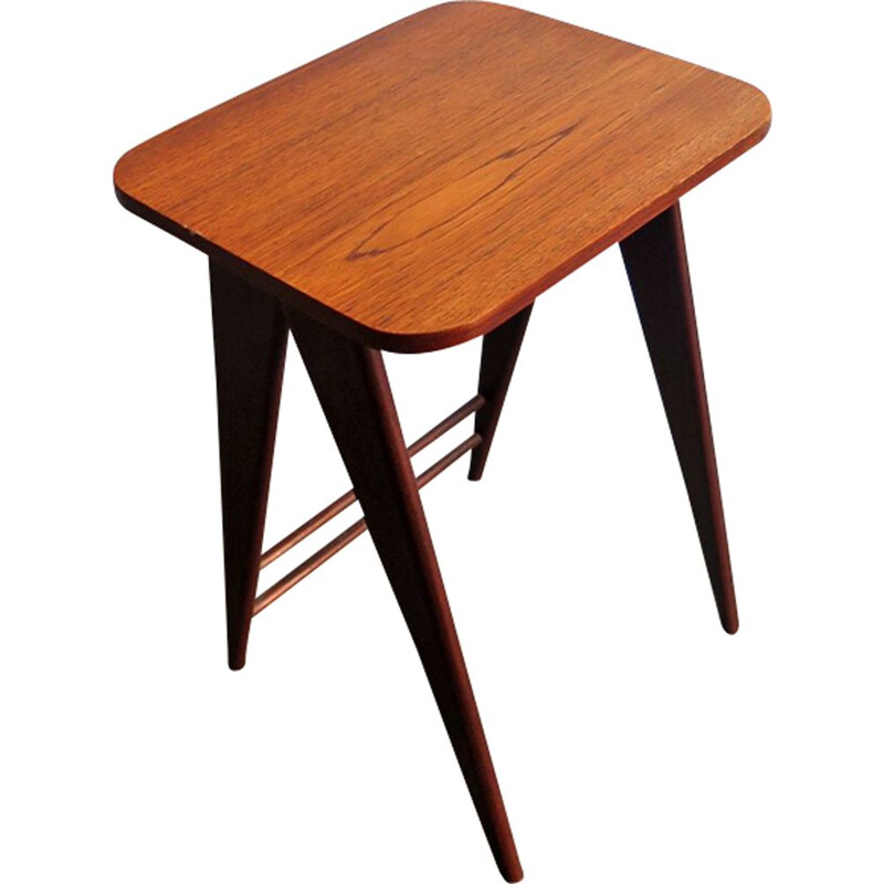 Vintage Dutch teak side table with scissor legs from the 50s