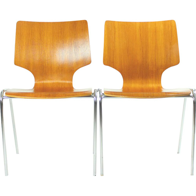 Vintage dining stackable chairs in Bended Plywood and Chromeby Adam Stegner for Flötotto,1980