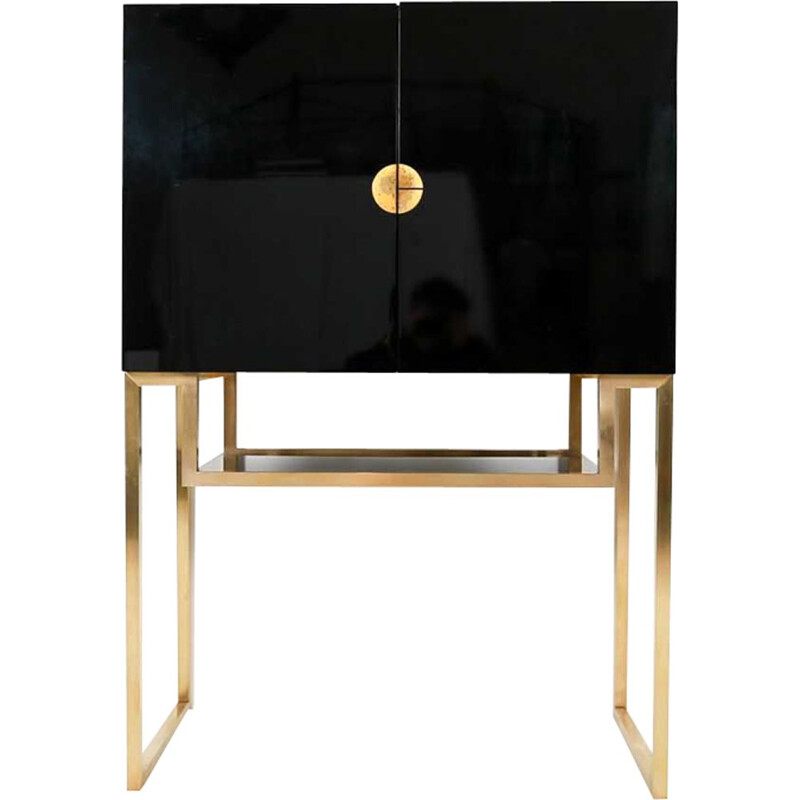 Vintage cabinet for Maison Jansen in brass and black melamine 1970