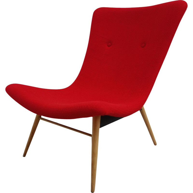 Vintage armchair for Cesky Nabytek in red fabric and fiberglass 1960