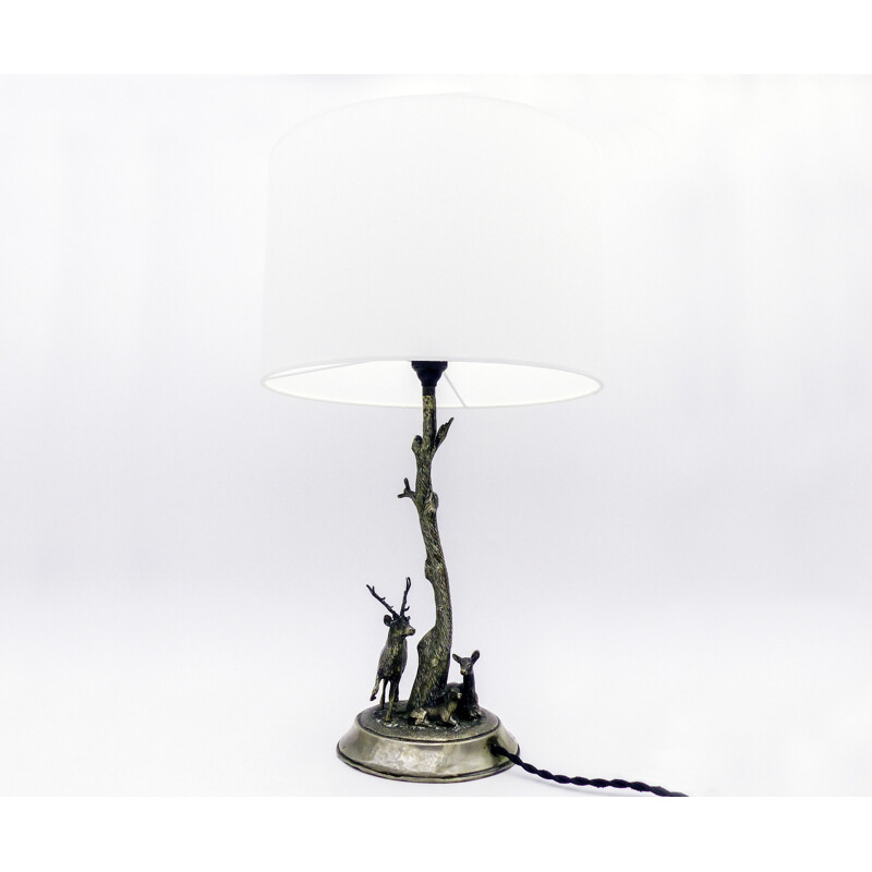Lampe vintage de table en métal argenté cerf