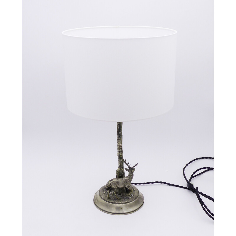 Lampe vintage de table en métal argenté cerf