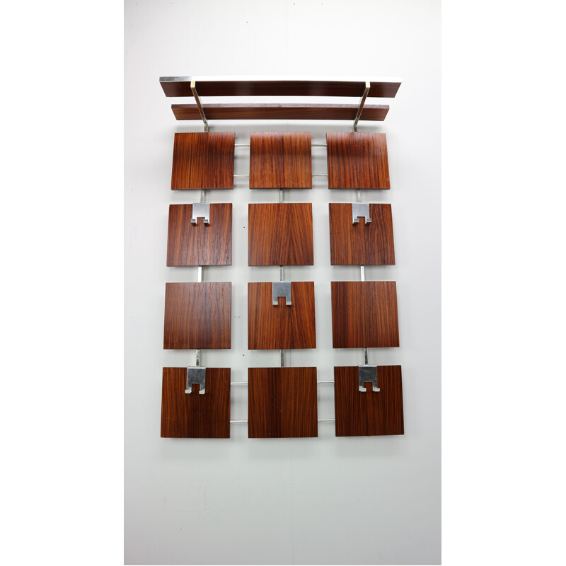 Vintage wall coat rack in rosewood and chrome, 1950