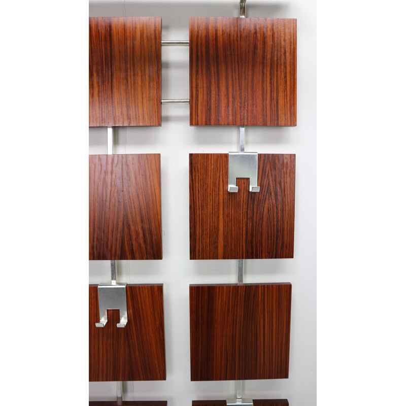 Vintage wall coat rack in rosewood and chrome, 1950