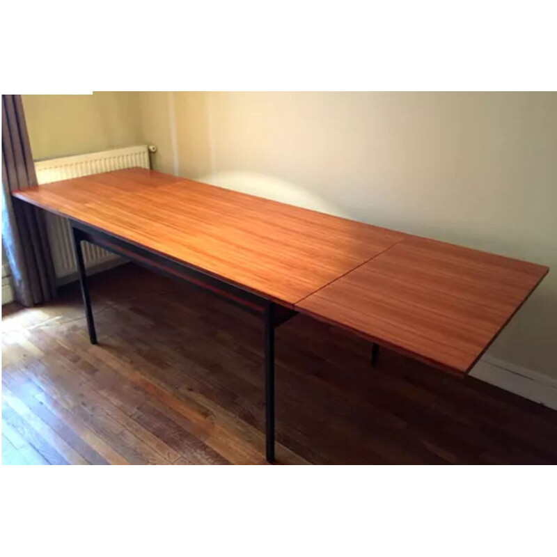 Vintage dining room table with mahogany veneer by Charron, French 1950