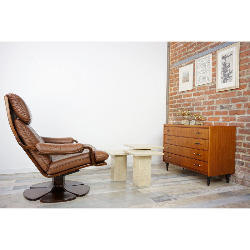 Vintage Scandinavian  swivel armchair in leather and wood, 1970