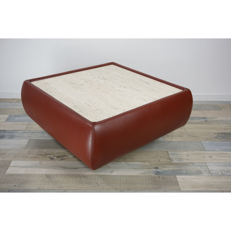 Vintage Swiss coffee table in leather and travertine, 1970