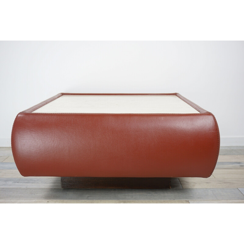 Vintage Swiss coffee table in leather and travertine, 1970