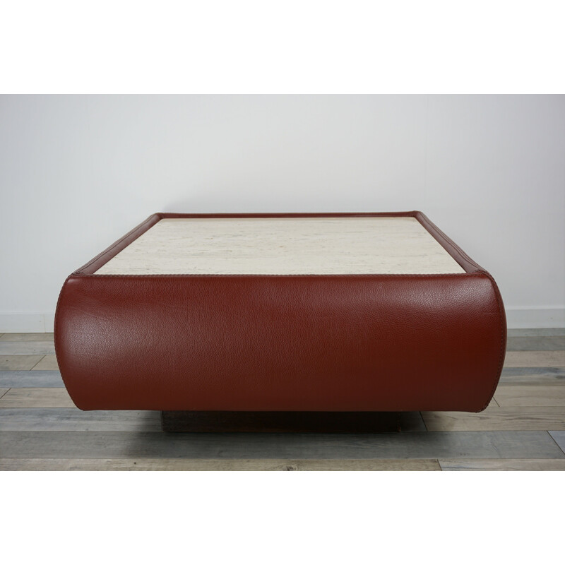 Vintage Swiss coffee table in leather and travertine, 1970