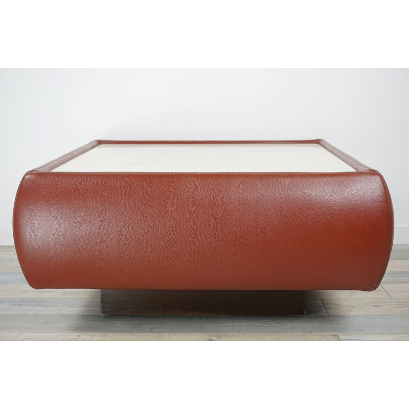 Table basse vintage Suisse en cuir et travertin,1970