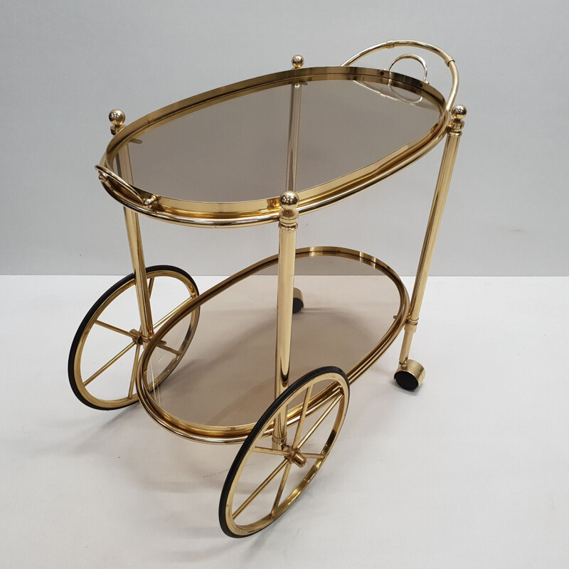 Chariot de bar Vintage en laiton avec verre fumé, Italie années 1980