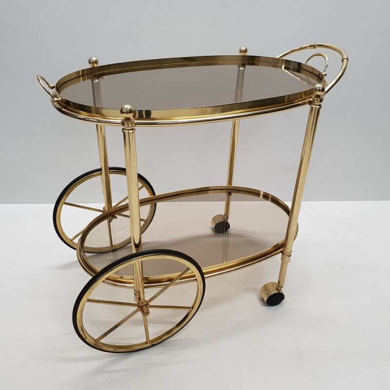 Vintage trolley bar cart in brass with smoked glass, Italian 1980s