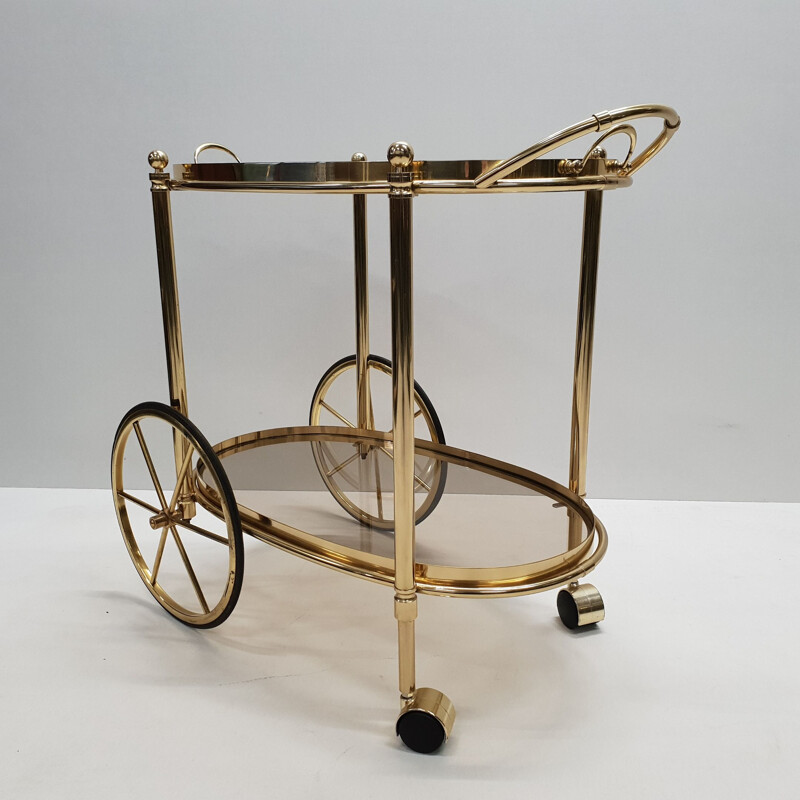 Vintage trolley bar cart in brass with smoked glass, Italian 1980s