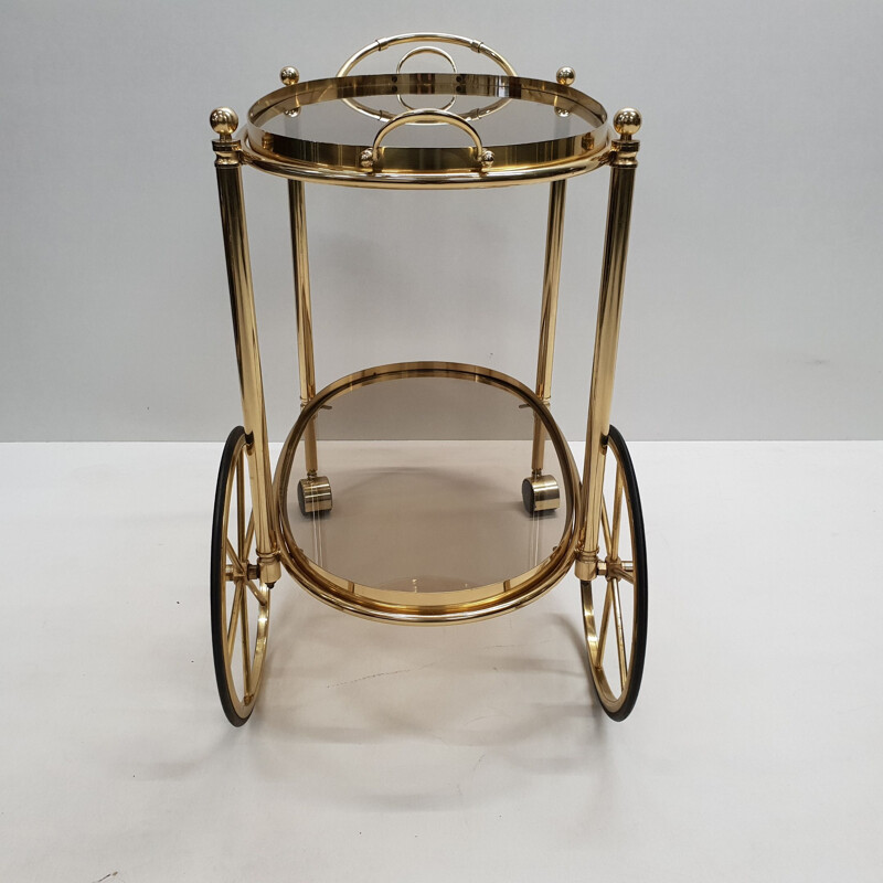 Vintage trolley bar cart in brass with smoked glass, Italian 1980s