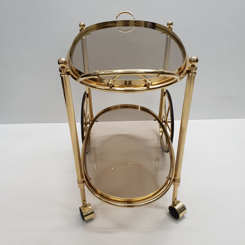 Vintage trolley bar cart in brass with smoked glass, Italian 1980s