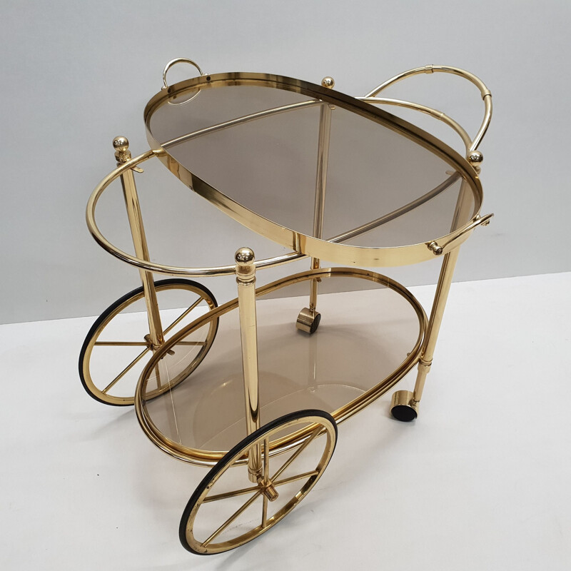 Chariot de bar Vintage en laiton avec verre fumé, Italie années 1980