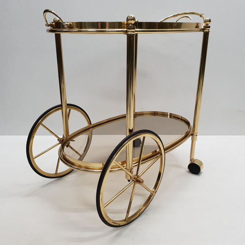 Vintage trolley bar cart in brass with smoked glass, Italian 1980s