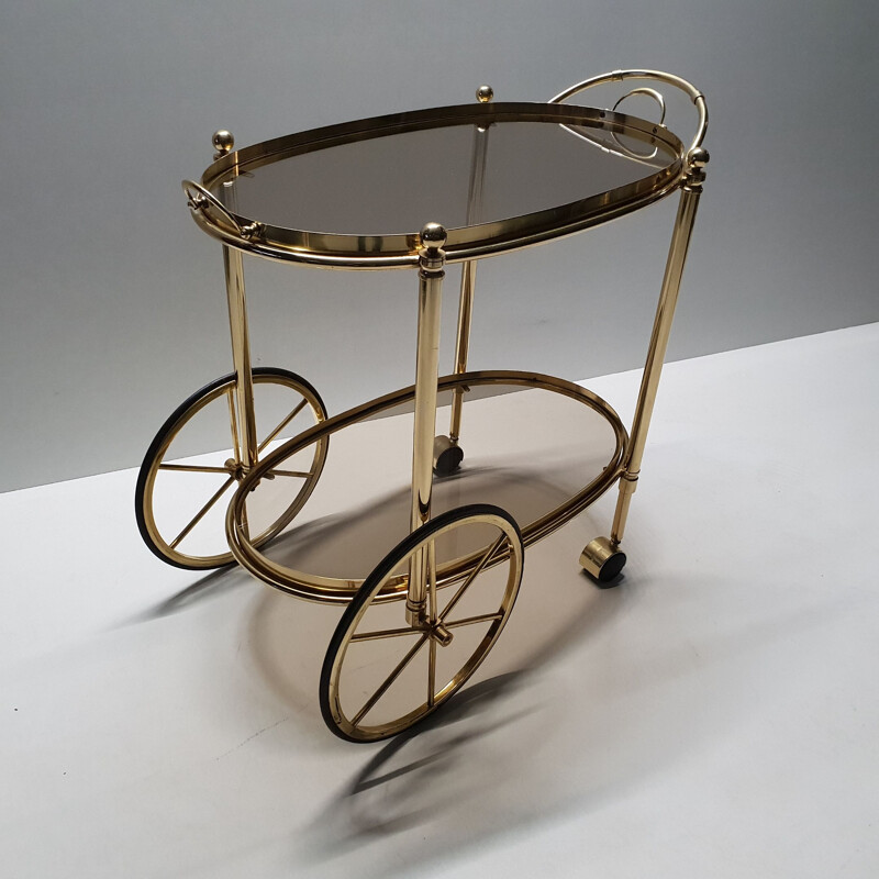 Vintage trolley bar cart in brass with smoked glass, Italian 1980s