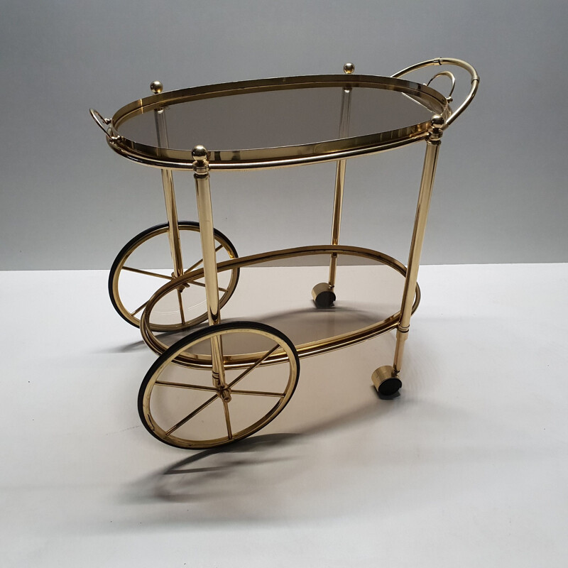 Vintage trolley bar cart in brass with smoked glass, Italian 1980s