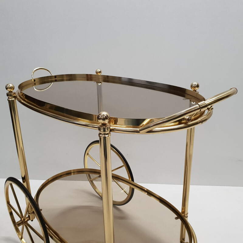 Vintage trolley bar cart in brass with smoked glass, Italian 1980s