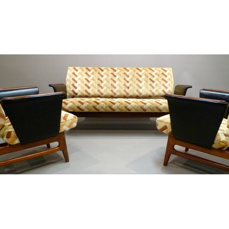 Scandinavian 3-seater sofa in teak and velvet - 1950s