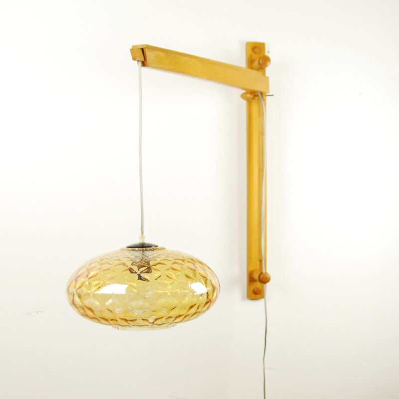 Vintage wall lamp in beech and honey glass, Poland, 1960s