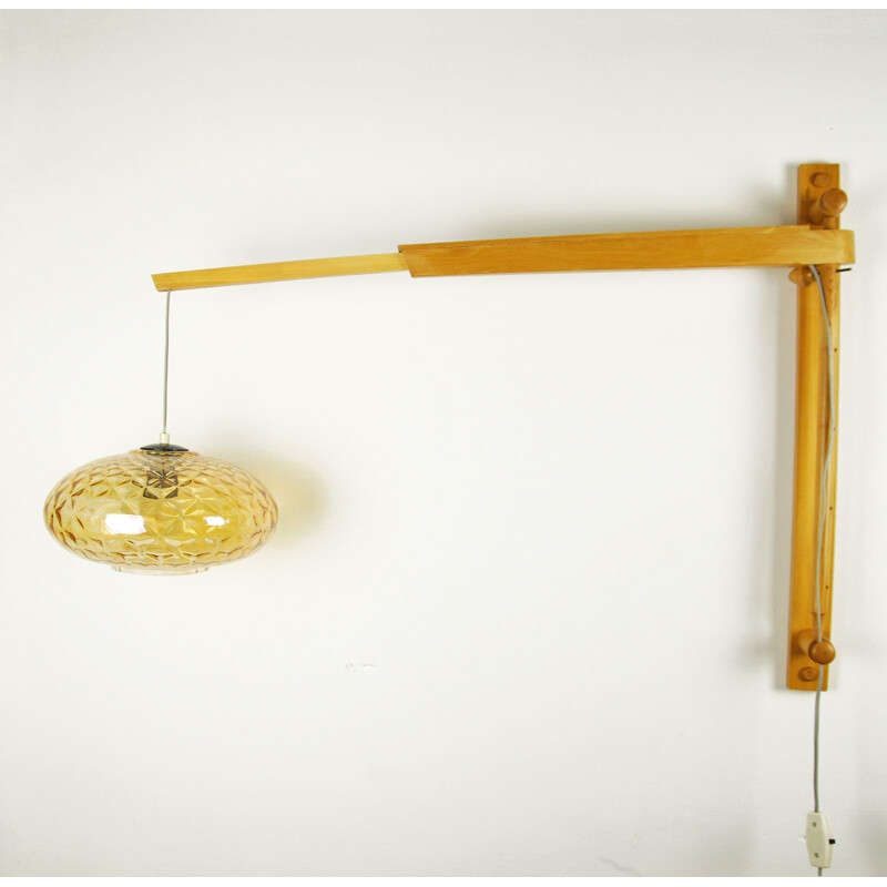 Vintage wall lamp in beech and honey glass, Poland, 1960s