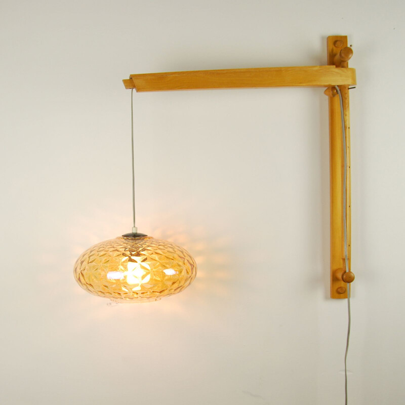 Vintage wall lamp in beech and honey glass, Poland, 1960s