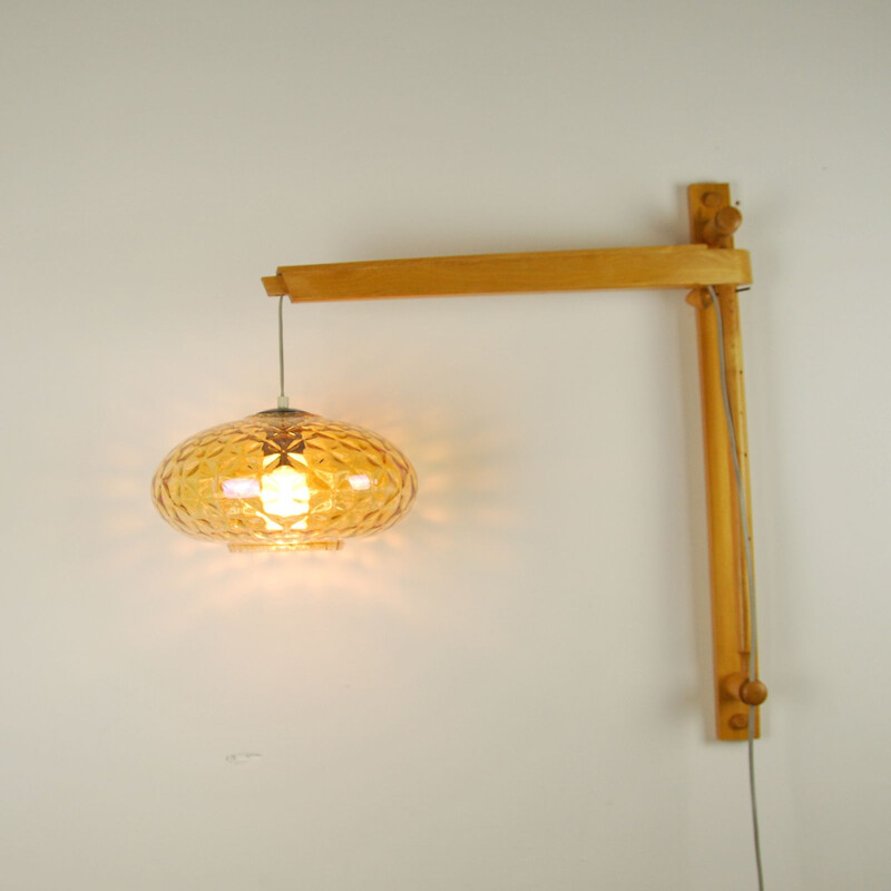 Vintage wall lamp in beech and honey glass, Poland, 1960s