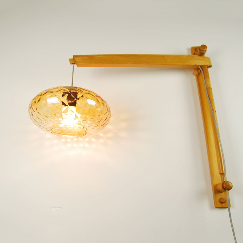 Vintage wall lamp in beech and honey glass, Poland, 1960s