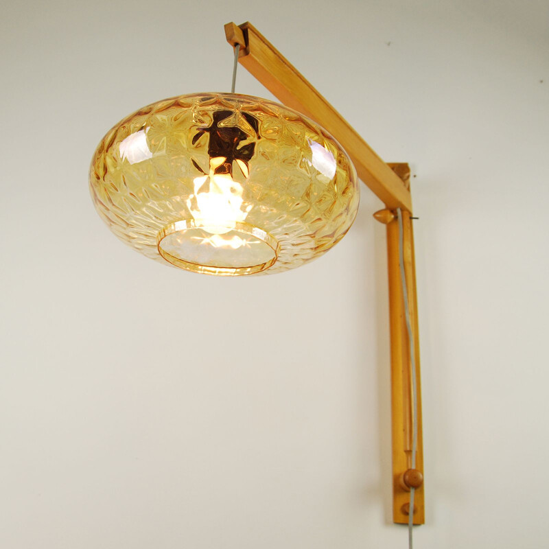 Vintage wall lamp in beech and honey glass, Poland, 1960s