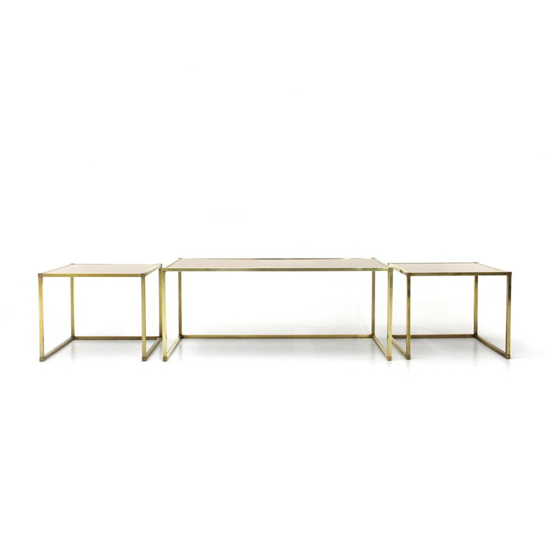 Vintage Italian brass and pink mirror nesting tables