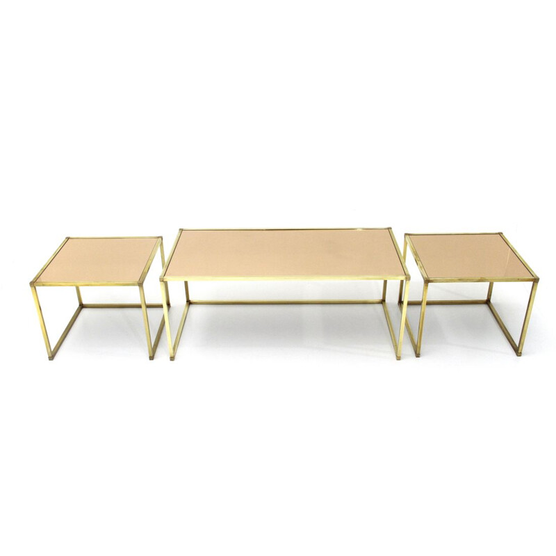 Vintage Italian brass and pink mirror nesting tables