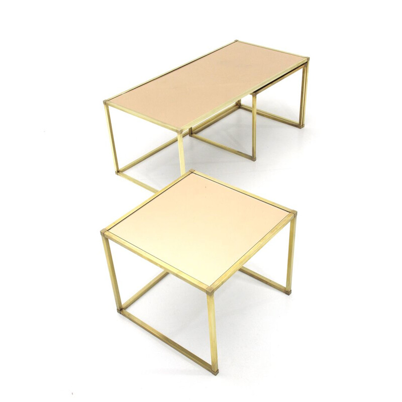 Vintage Italian brass and pink mirror nesting tables