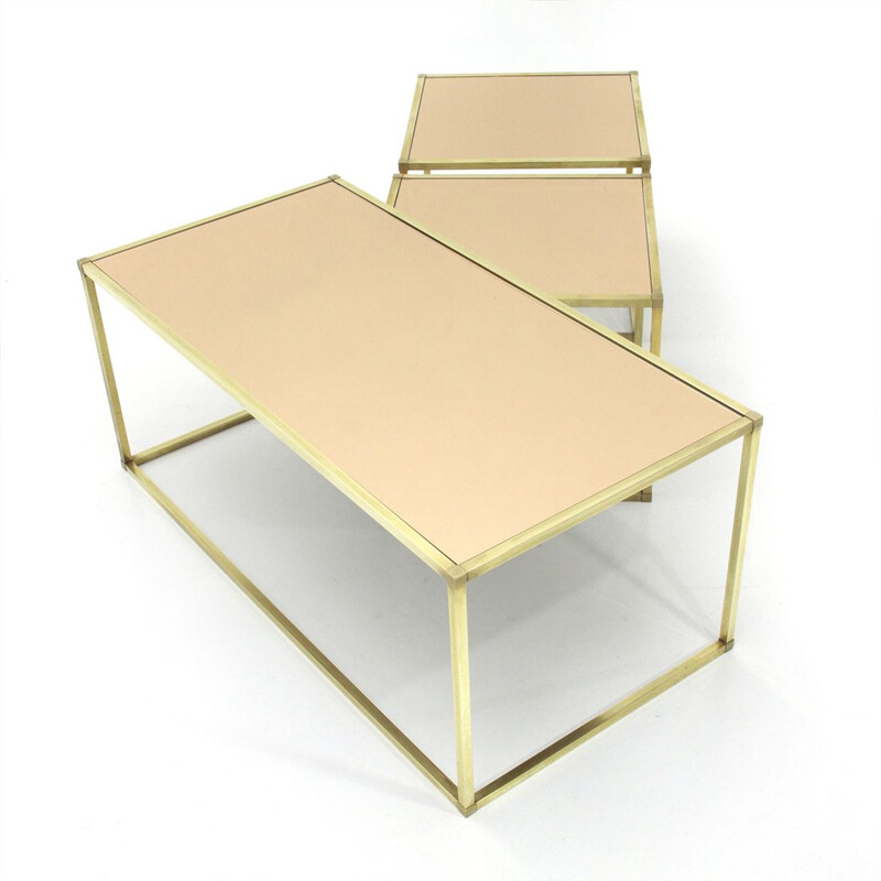 Vintage Italian brass and pink mirror nesting tables