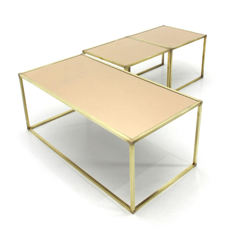 Vintage Italian brass and pink mirror nesting tables