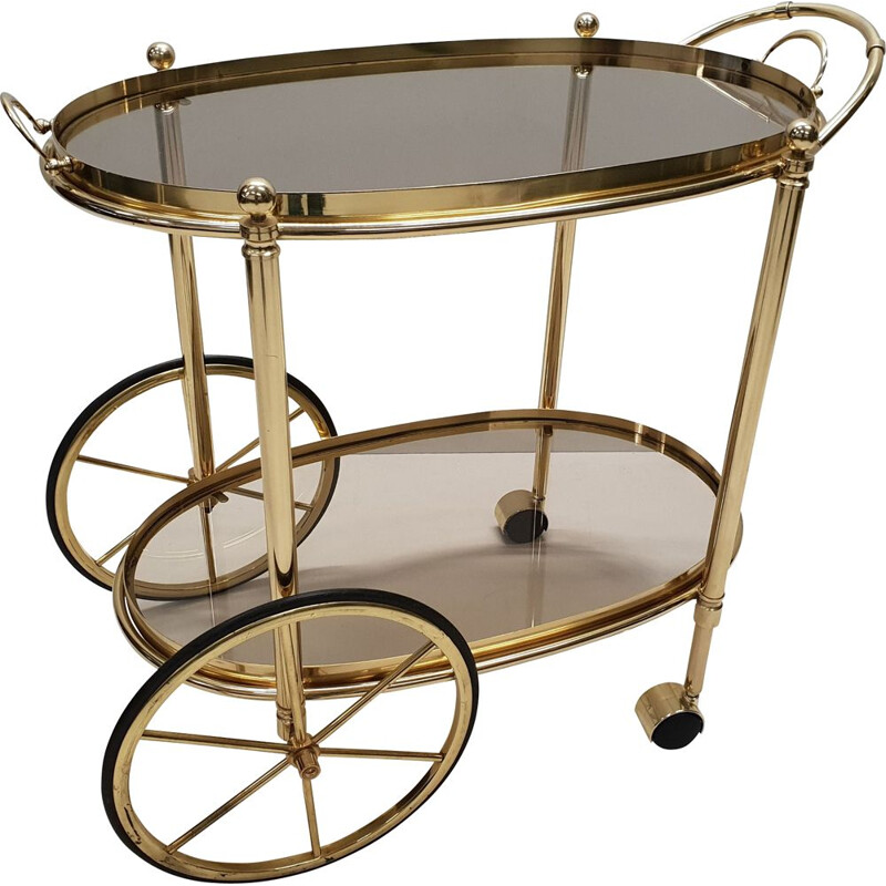 Vintage trolley bar cart in brass with smoked glass, Italian 1980s