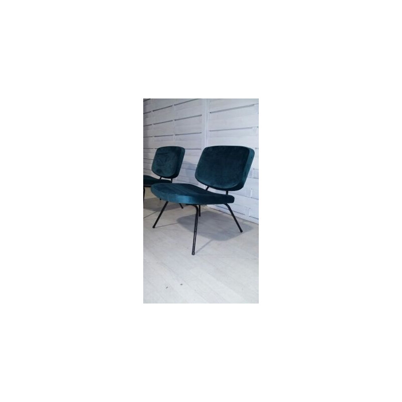 Pair of vintage CM 190 armchairs by Paulin for Thonet in blue fabric