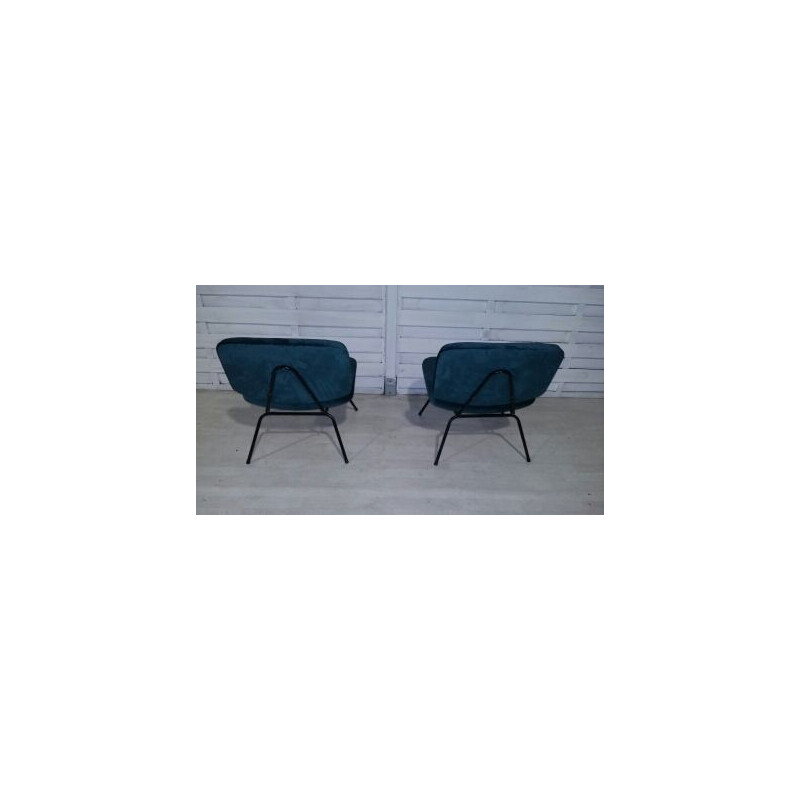 Pair of vintage CM 190 armchairs by Paulin for Thonet in blue fabric