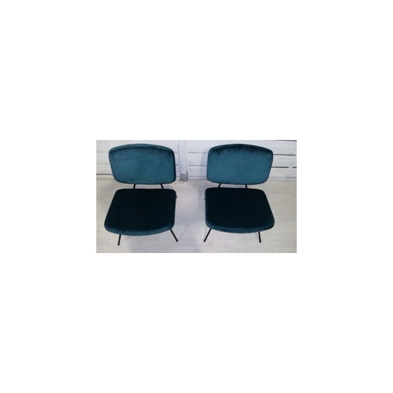 Pair of vintage CM 190 armchairs by Paulin for Thonet in blue fabric